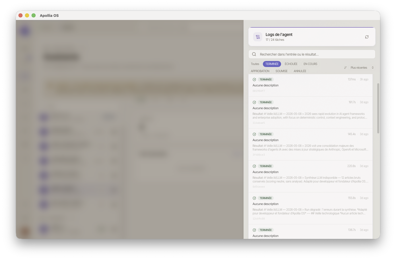 panneau Logs ouvert avec compteur, barre de recherche, filtres de statut et tri