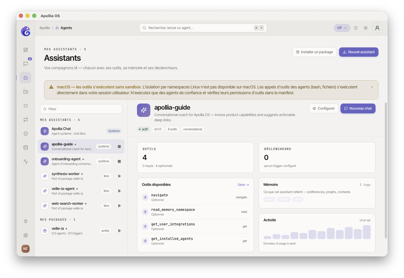 page Mes assistants — colonne de gauche avec les deux sections "Mes assistants" et "Mes packages" visibles
