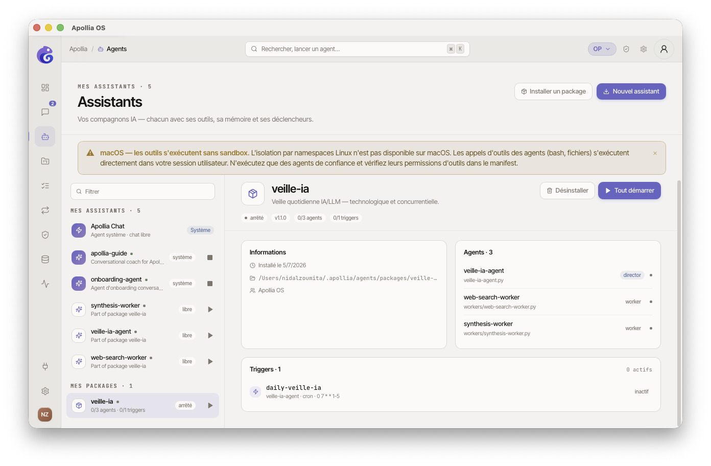 panneau de détail d'un package — sections Informations, Agents (avec rôles director/worker), Triggers