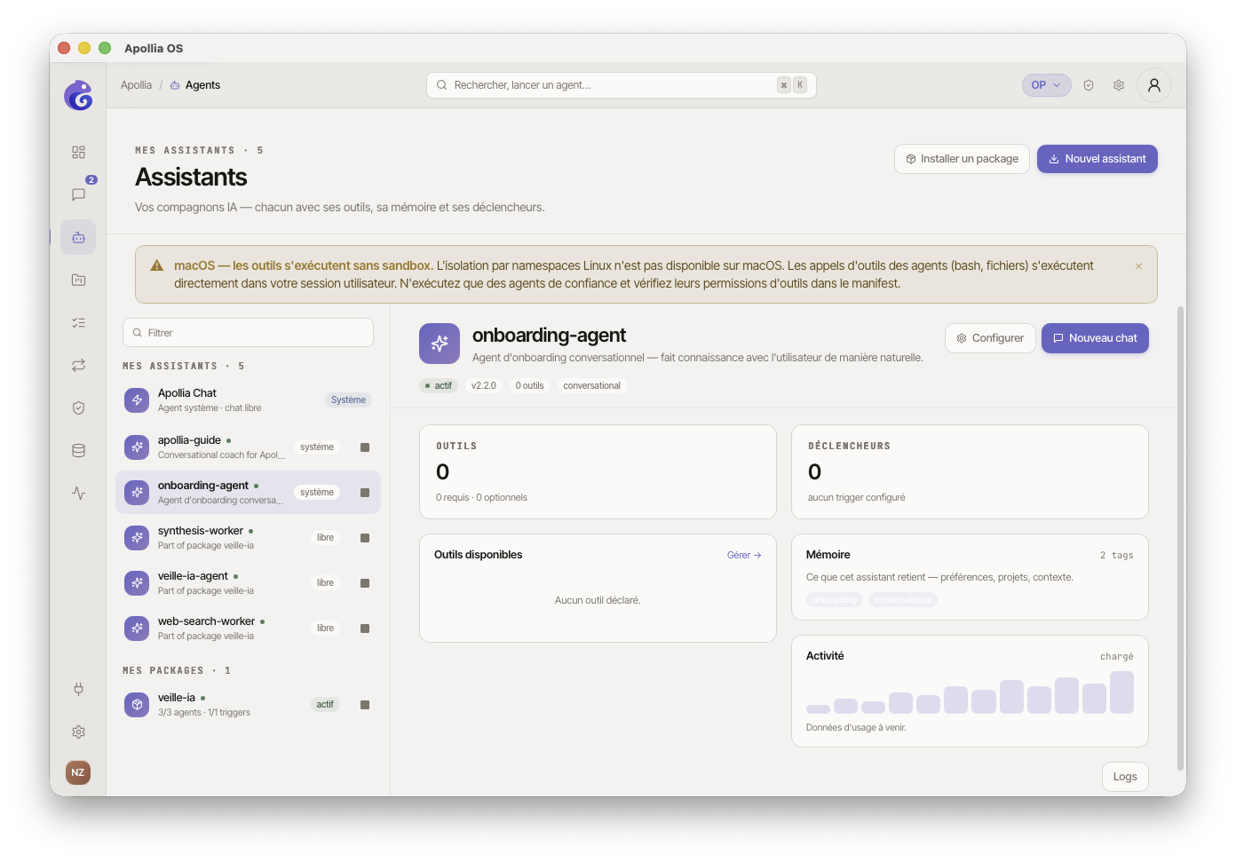 Page Mes assistants : liste à gauche, détail de l'agent sélectionné à droite, bouton "Nouvel assistant" en haut à droite