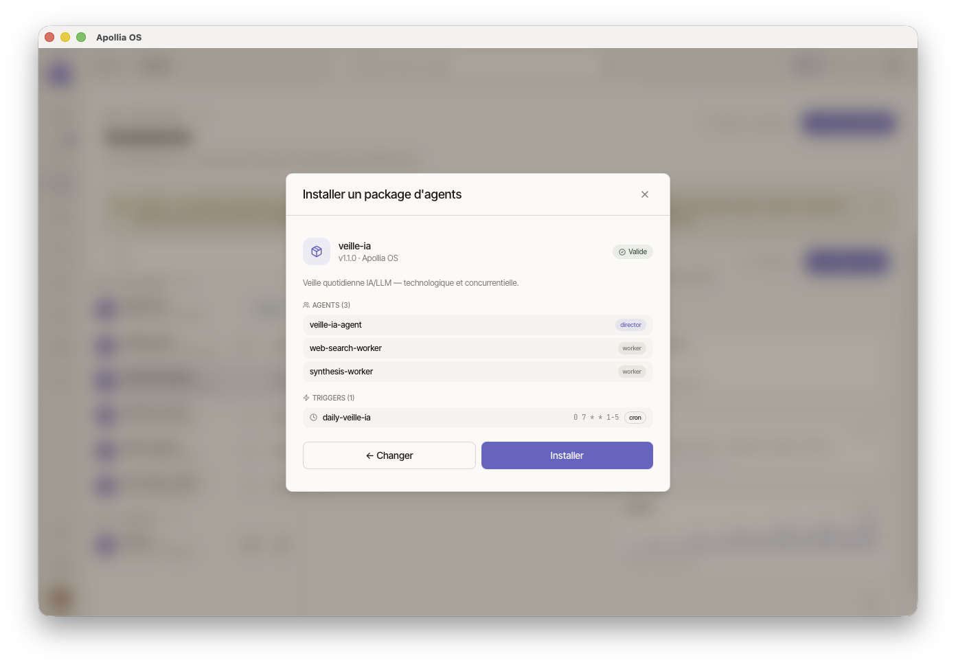 Dialogue d'installation, étape preview : sections Agents et Triggers, badge vert Valide