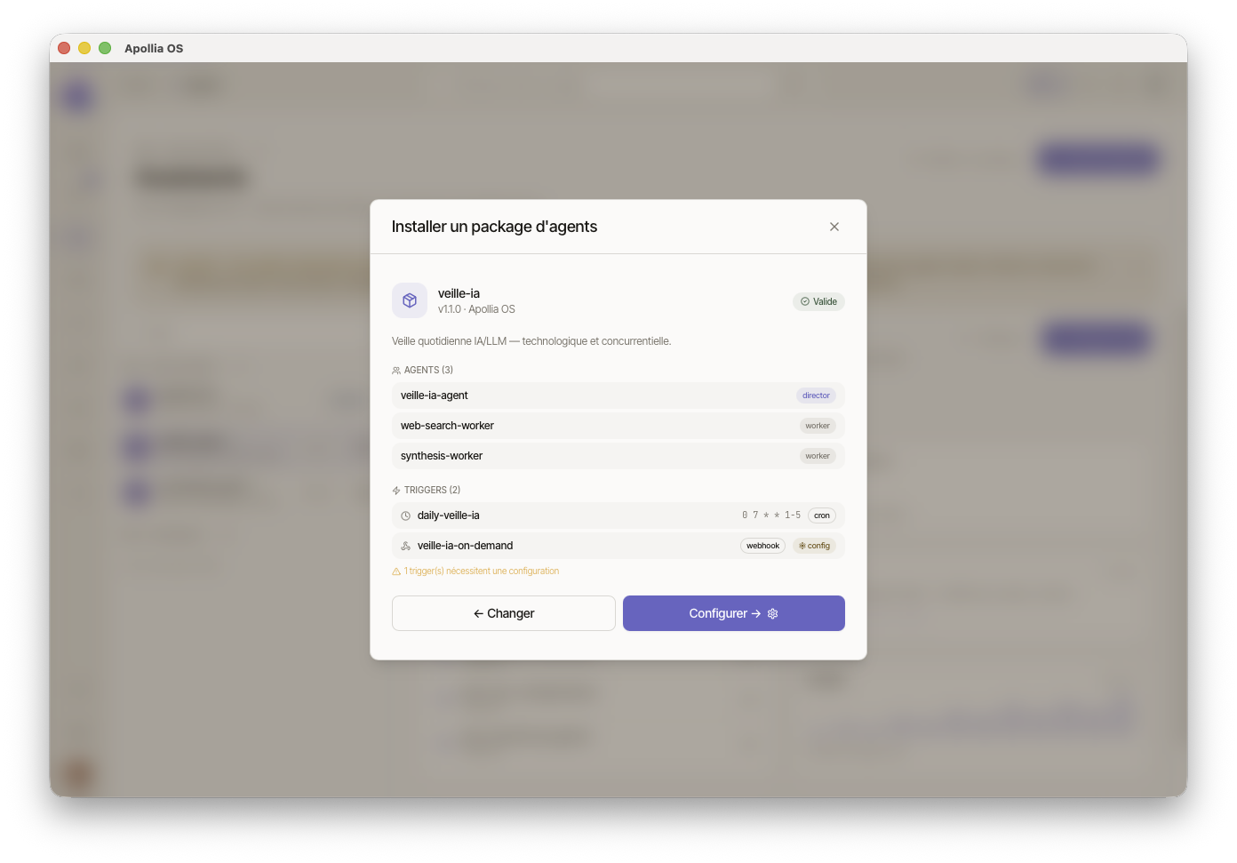 Aperçu avec un trigger webhook nécessitant une configuration, bouton Configurer →