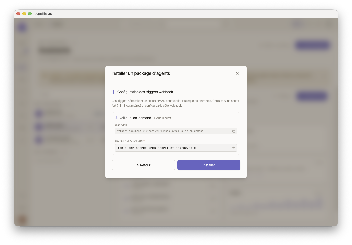 Dialogue d'installation, étape configure : carte d'un trigger webhook avec endpoint URL et champ secret HMAC-SHA256