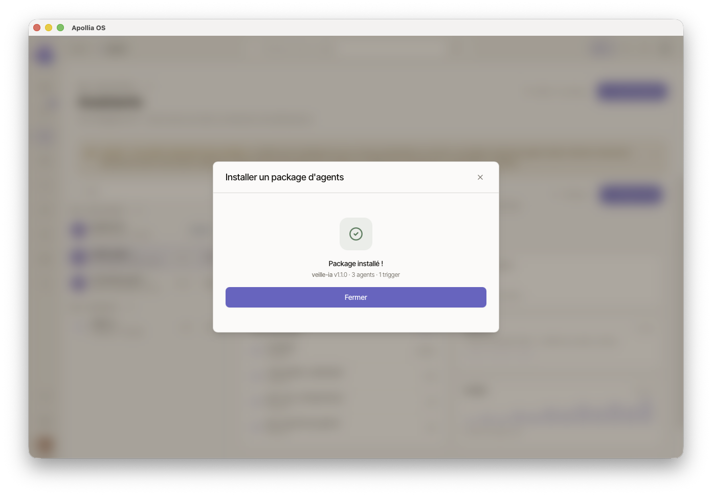 Écran de confirmation Package installé ! avec compteur agents et triggers, bouton Fermer