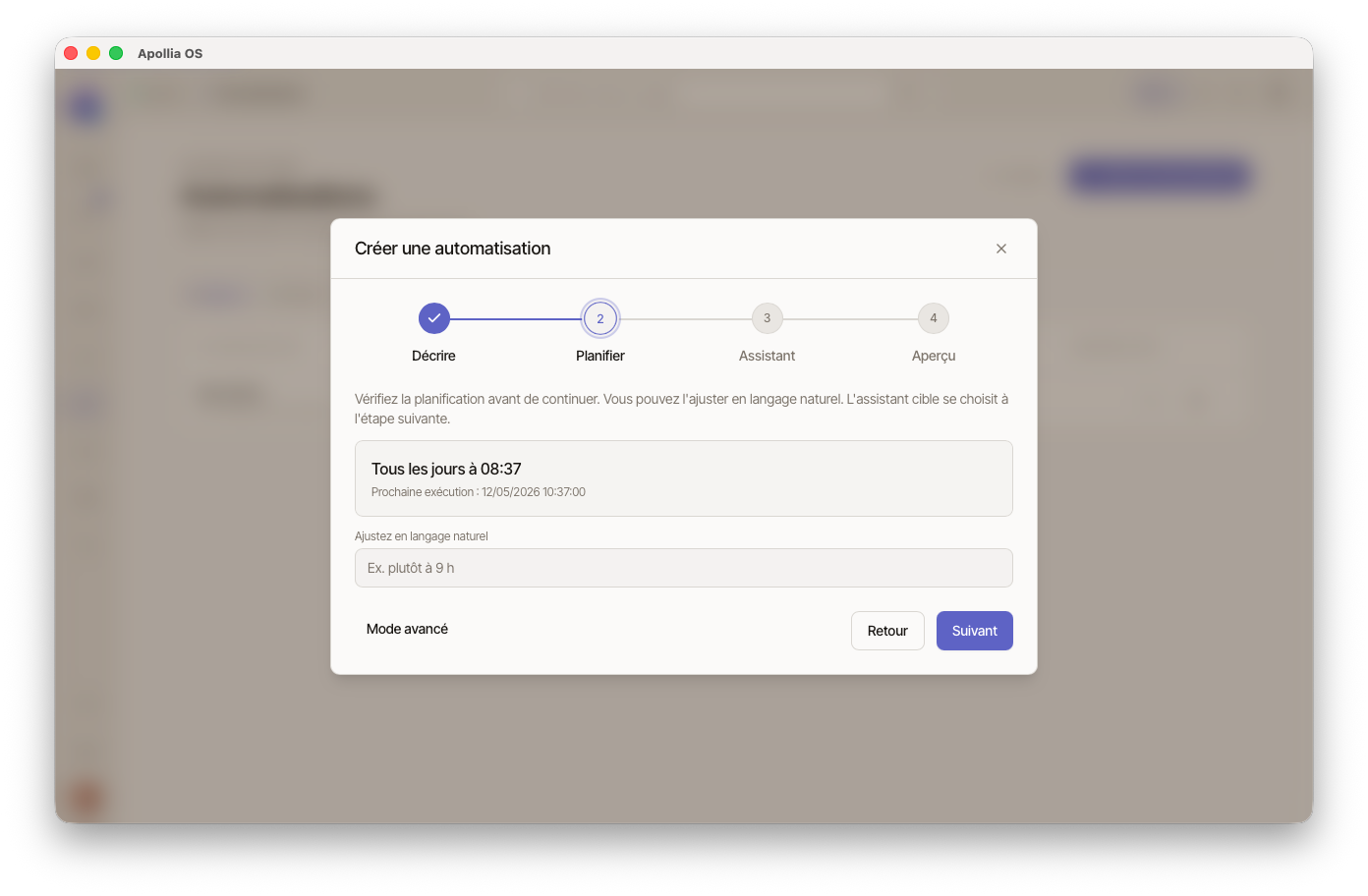 étape Planifier — encadré schedule humain ("Tous les jours à 08:00"), ligne "Prochaine exécution : …", cham...