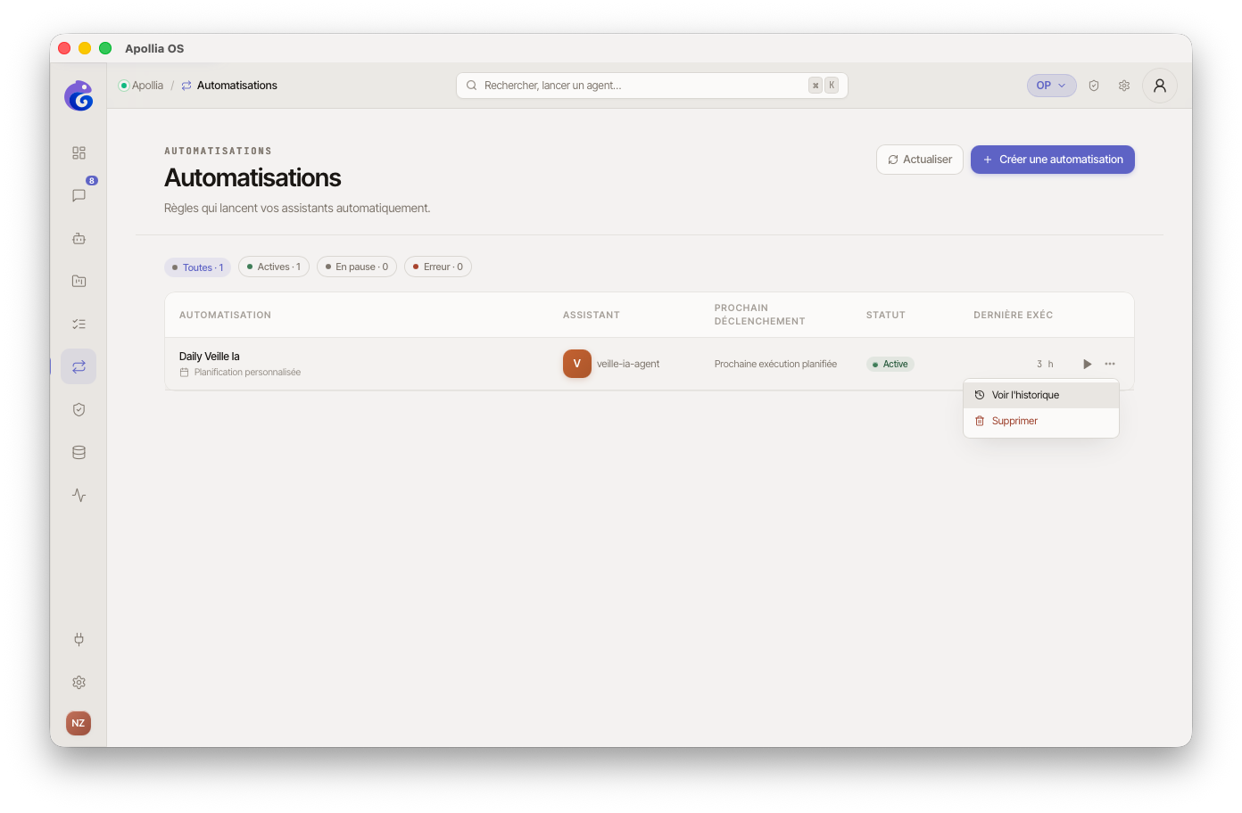 ligne d'automatisation au hover, menu trois points ouvert avec "Voir l'historique" surligné, panneau d'hist...