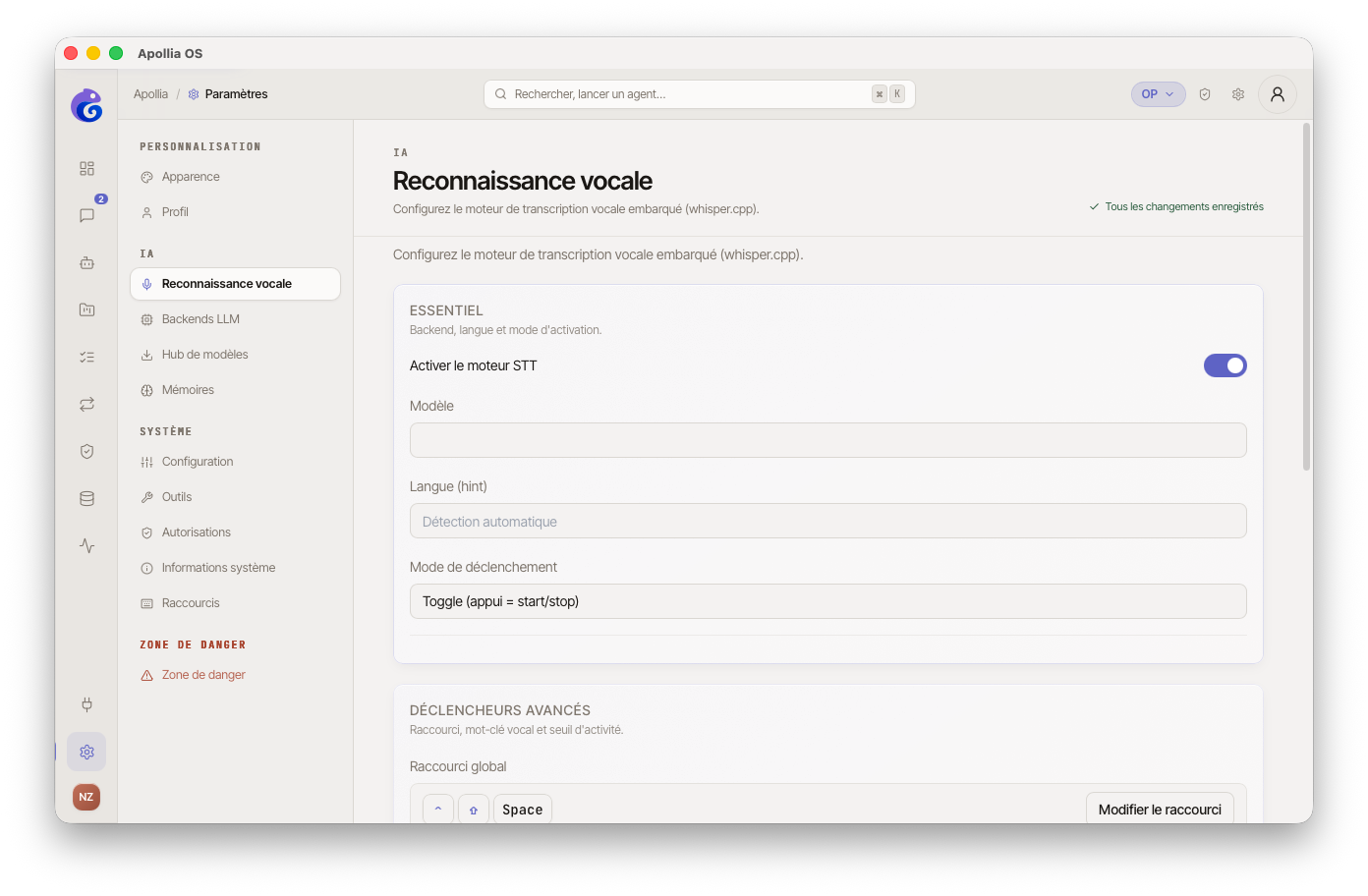 page Paramètres, section Reconnaissance vocale, état du modèle Whisper affiché en haut