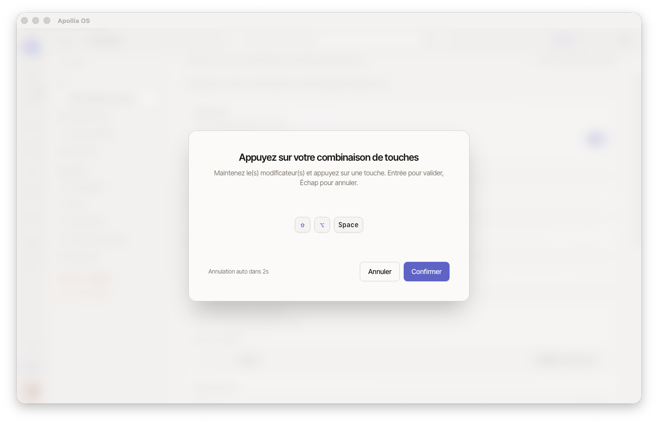 fenêtre HotkeyCapture avec message "Appuyez sur la combinaison de touches" et combinaison capturée