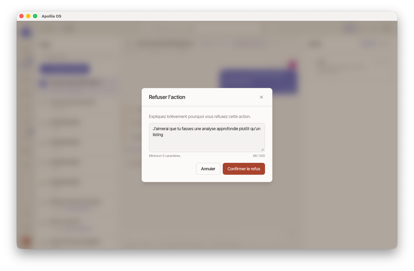 dialog Raison du refus avec textarea, compteur "12 / 500", boutons Annuler / Confirmer le refus en bas