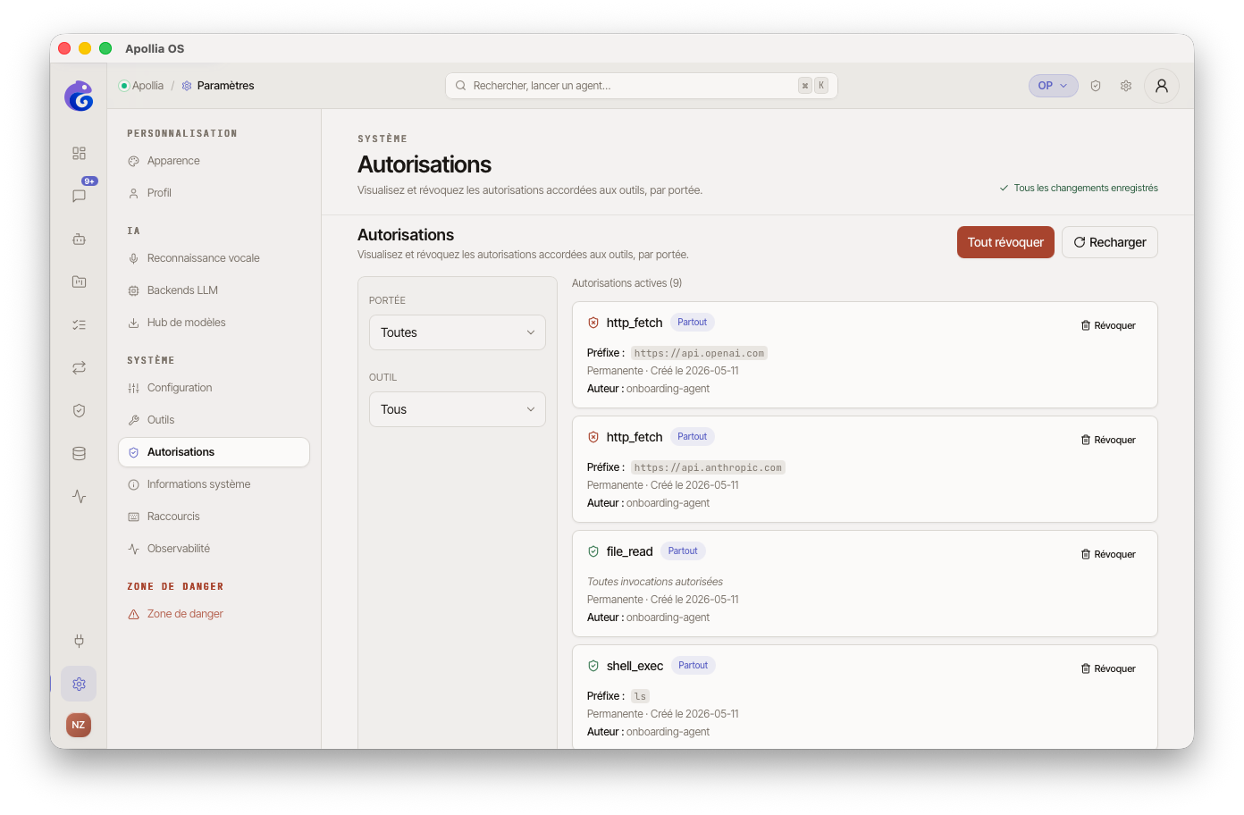 page Settings > Autorisations, liste de cartes d'autorisation (PermissionRuleCard) avec badges de portée