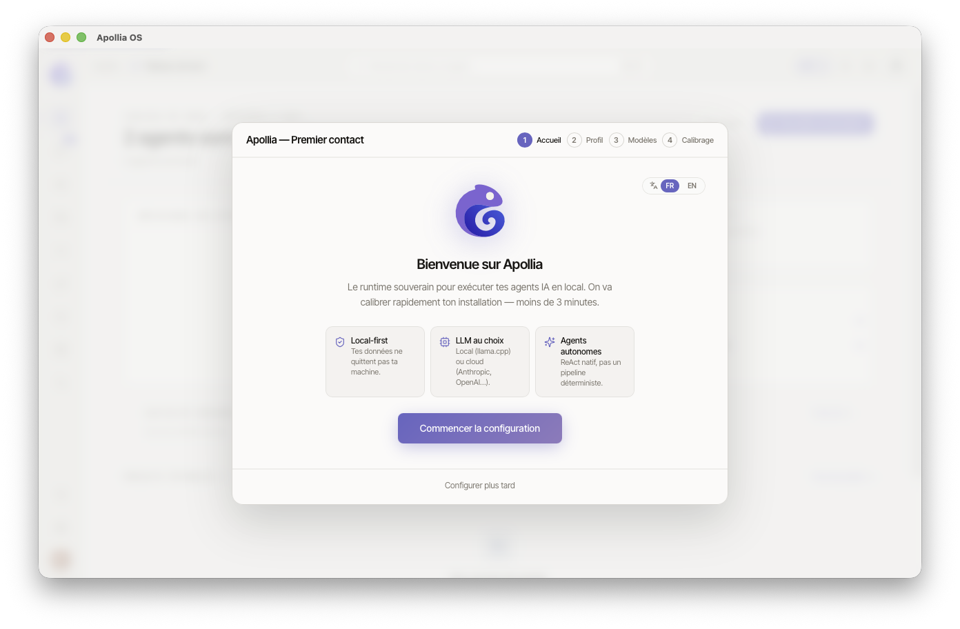 Fenêtre d'accueil avec logo Apollia, sous-titre "Le runtime souverain pour tes agents IA en local", trois cartes Local-first / LLM au choix / Agents autonomes, bouton "Commencer la configuration"