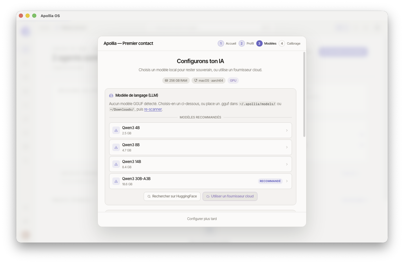 Étape Modèles, bandeau RAM · macOS · GPU, section LLM avec liste curée de modèles Qwen3 et badge "Recommandé"
