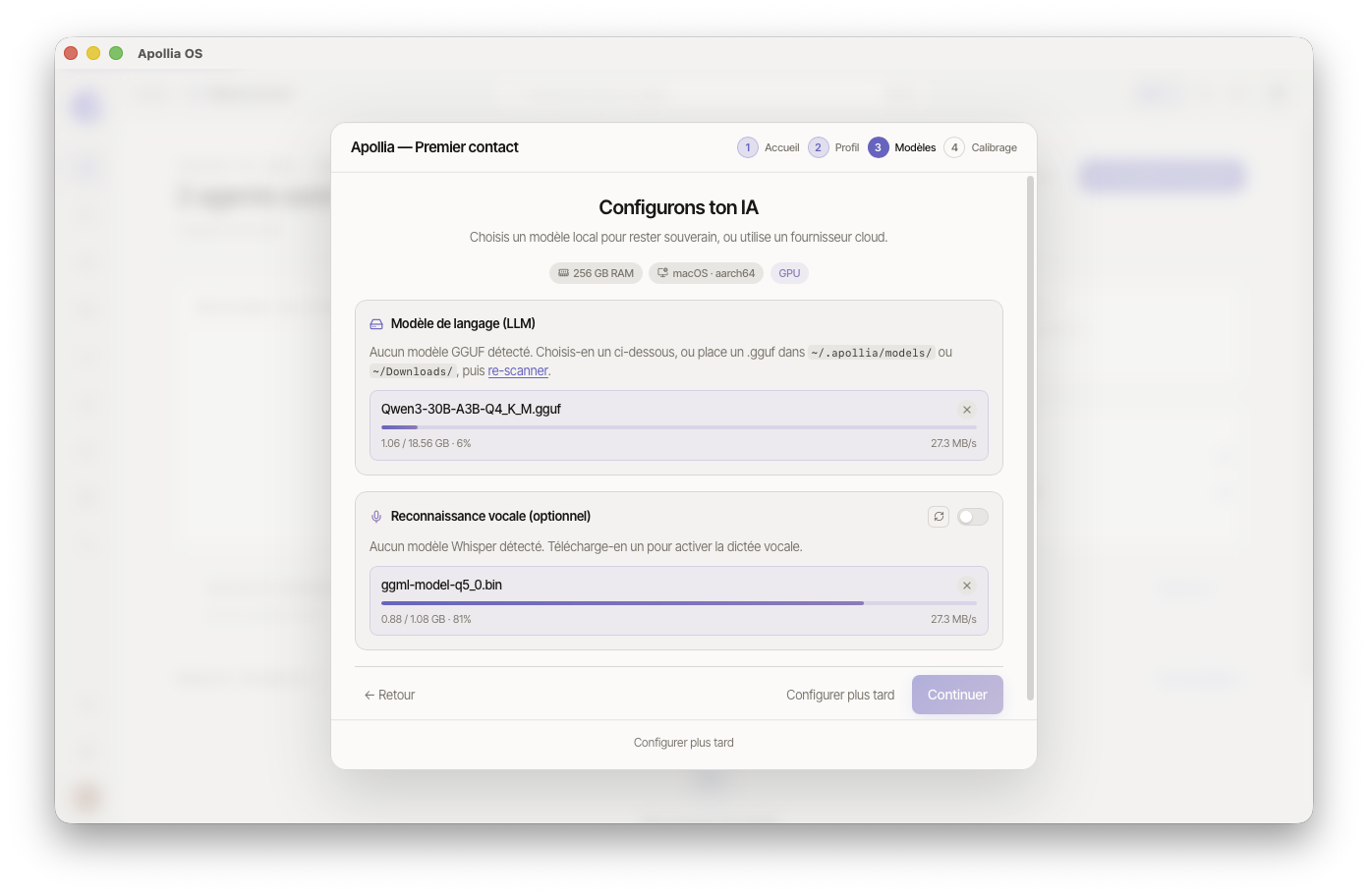 Téléchargement Qwen3 en cours avec barre de progression et débit, plus modèle Whisper téléchargé en parallèle