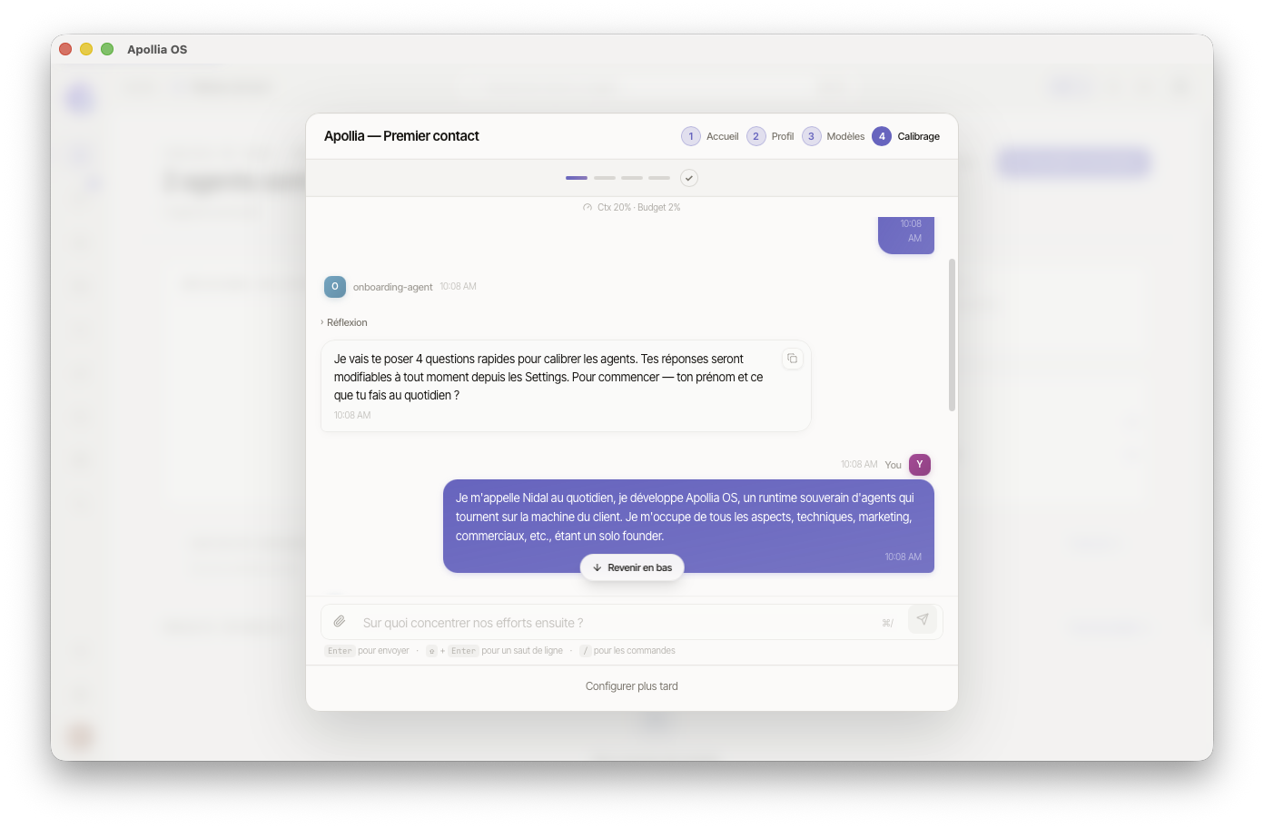 Étape Calibrage avec 4 pips de progression en haut, l'agent onboarding pose la première question et l'utilisateur répond en présentant son rôle