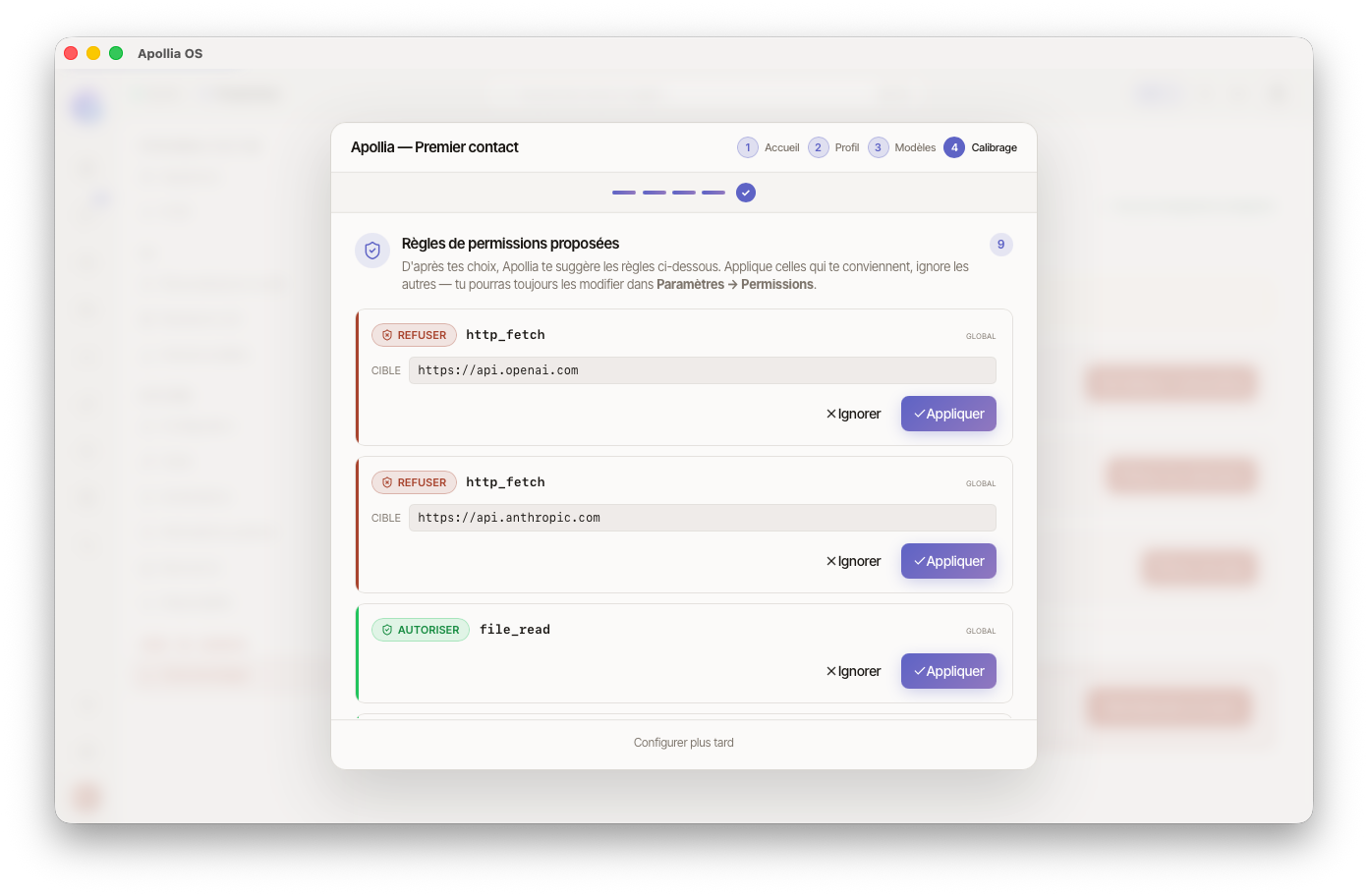 Cartes de règles de permissions proposées par l'agent à la fin du calibrage : deny http_fetch sur api.openai.com et api.anthropic.com, allow file_read, boutons Ignorer et Appliquer sur chaque carte