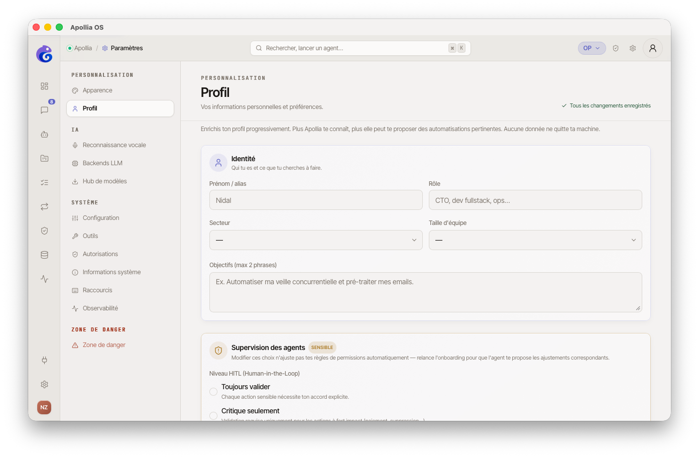 Page Paramètres → Profil après onboarding, sections Identité (prénom, rôle, secteur), Objectifs, et Supervision des agents avec les niveaux HITL