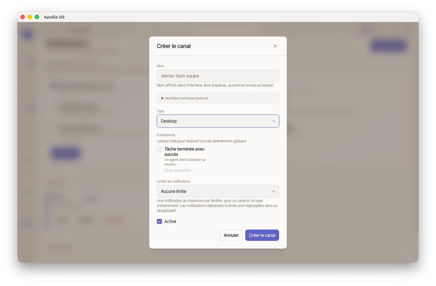 page Notifications — section Événements globaux, liste de canaux, bouton "Nouveau canal" en haut à droite