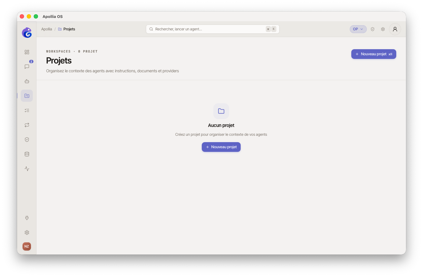 page Projets, bouton + Nouveau projet surligné en haut à droite