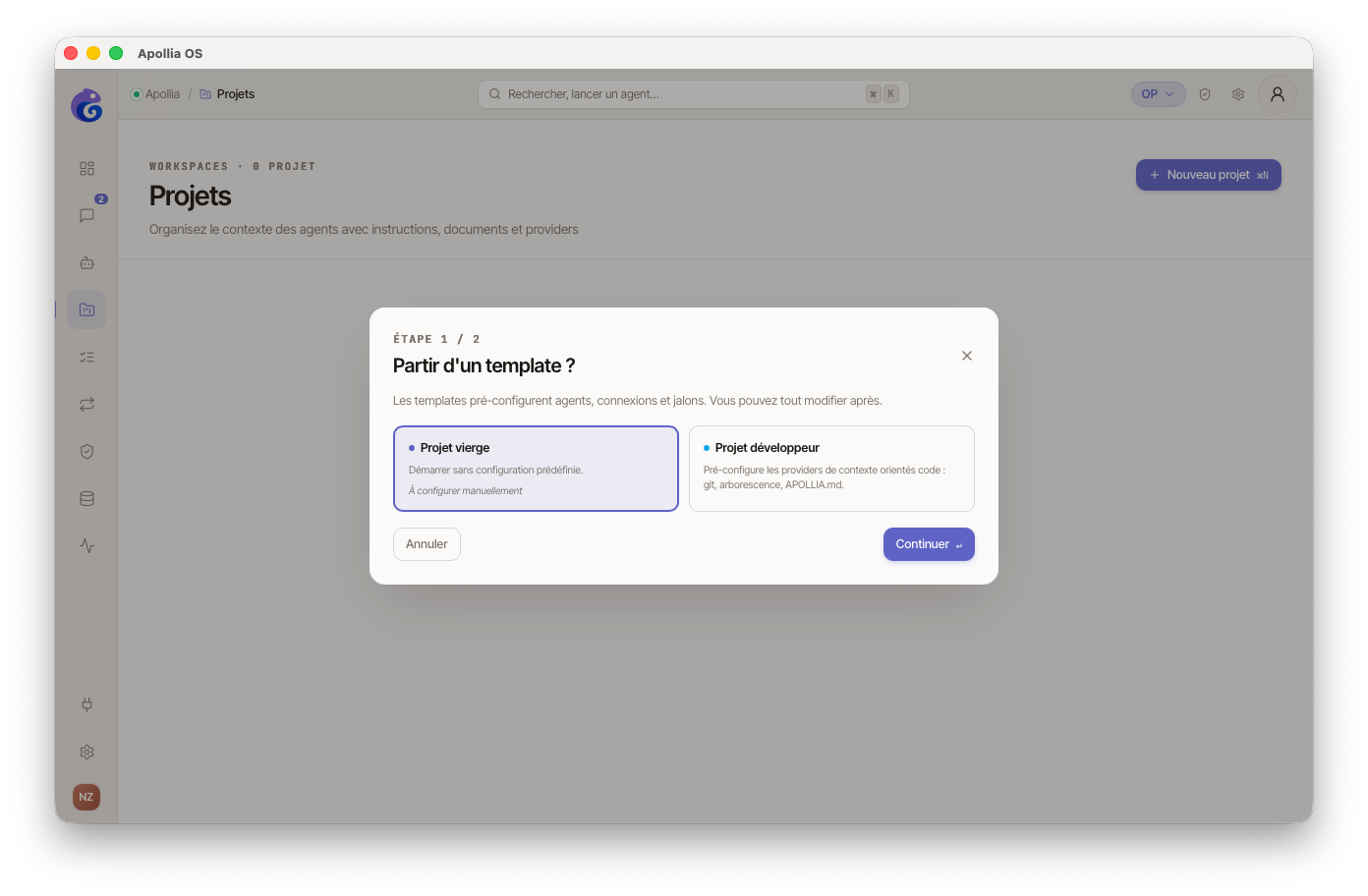 modal Nouveau projet avec champs Nom, Dossier racine, Modèle