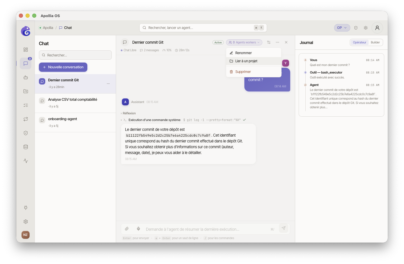 en-tête de chat, menu déroulant avec option Lier à un projet