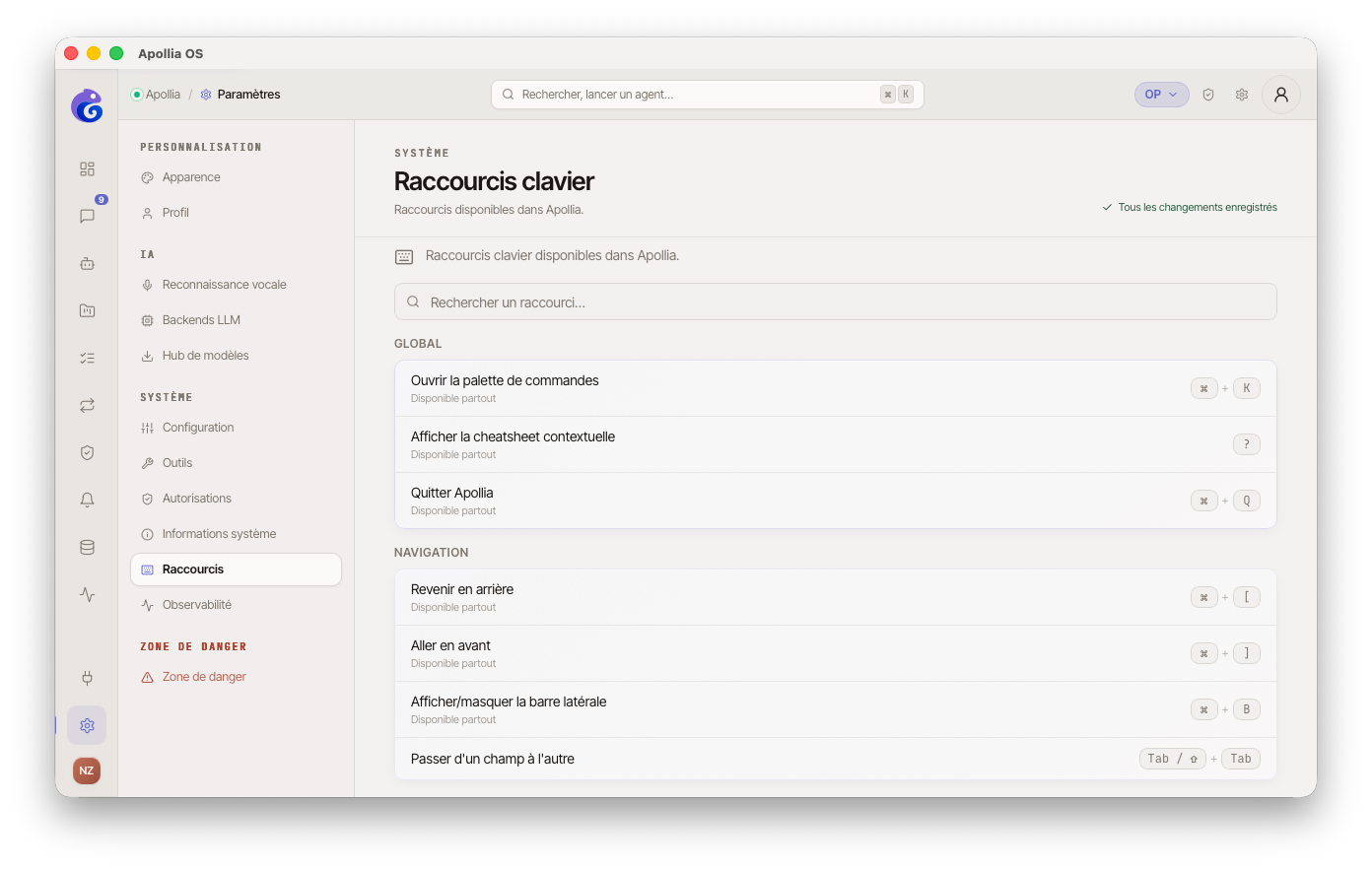 page Paramètres → Raccourcis, barre de recherche en haut, raccourcis groupés par catégorie (Global / Naviga...