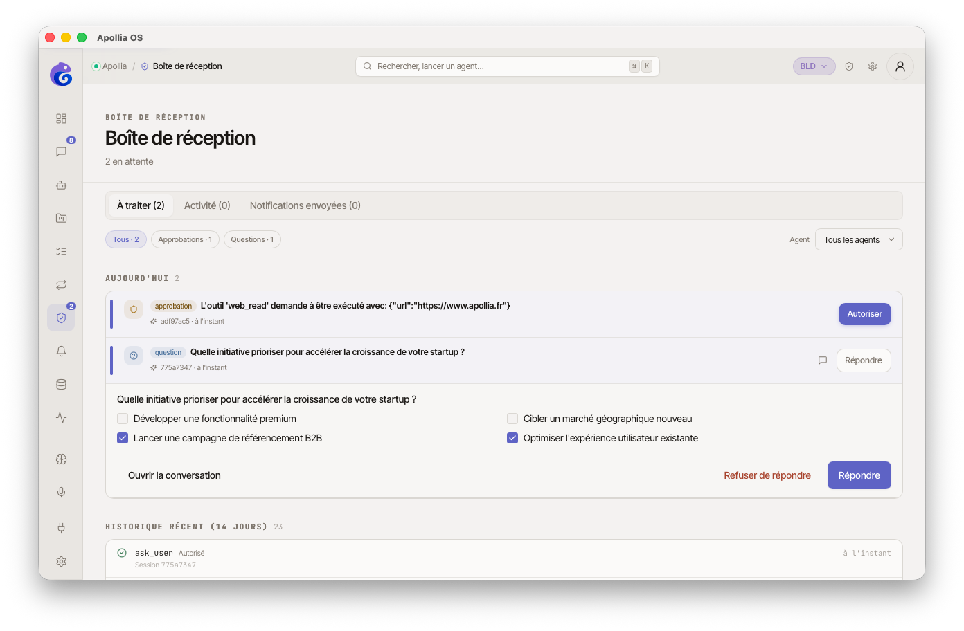 formulaire ask_user déplié — contexte en encart bleu en haut, une question texte avec hint, une question à...