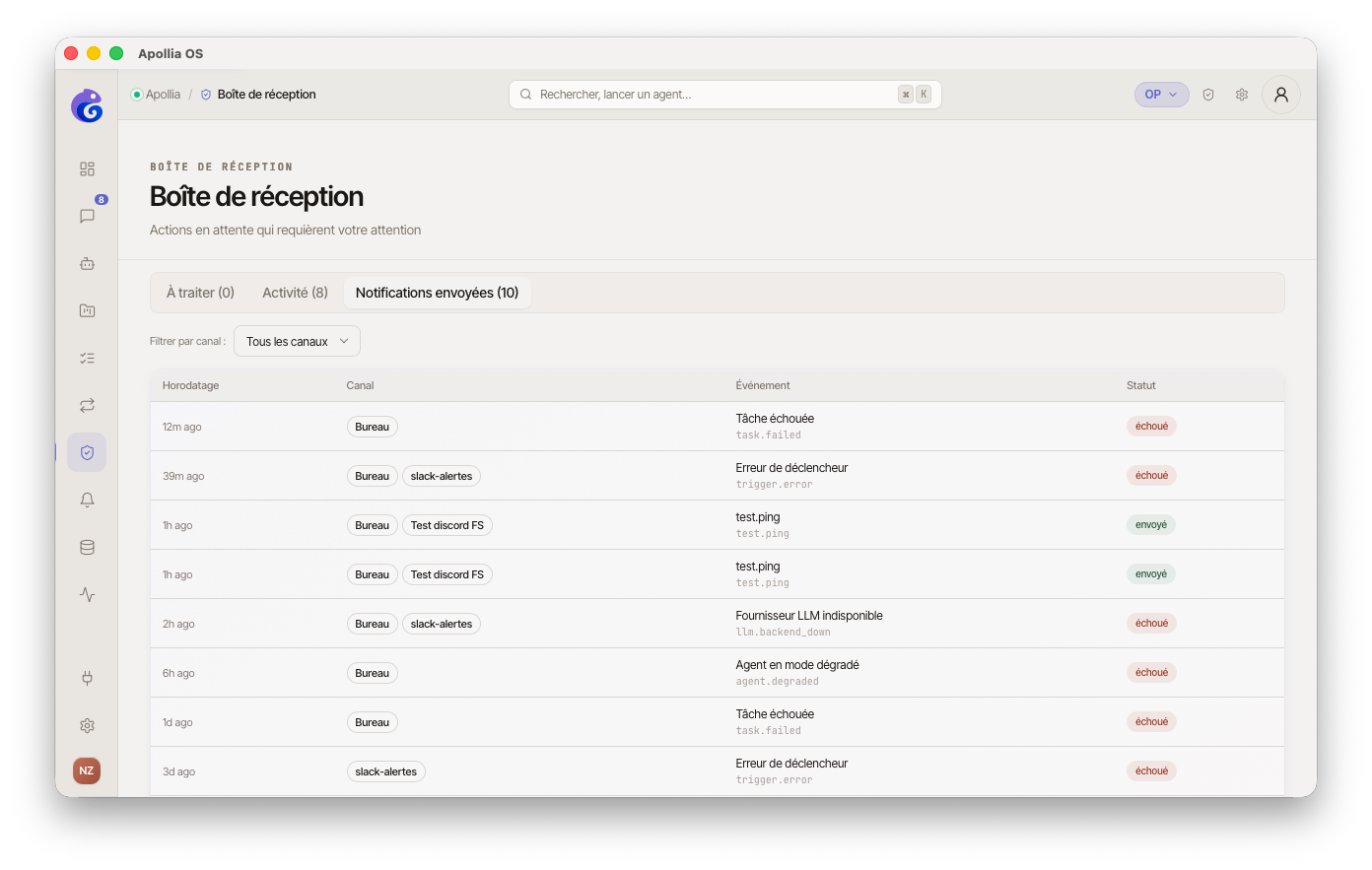 onglet Notifications envoyées — sélecteur de filtre par canal, tableau 4 colonnes Horodatage / Canal / Évén...